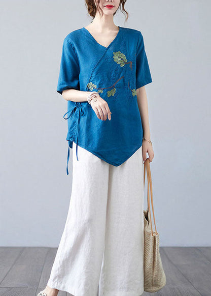 Blue Asymmetrical Shirt Tops Half Sleeve