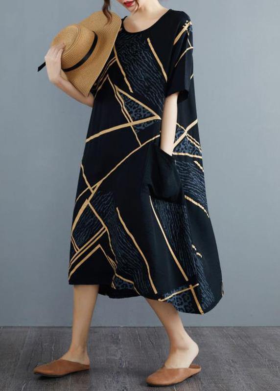 French Black Print Half Sleeve Maxi Summer Cotton Linen Dress