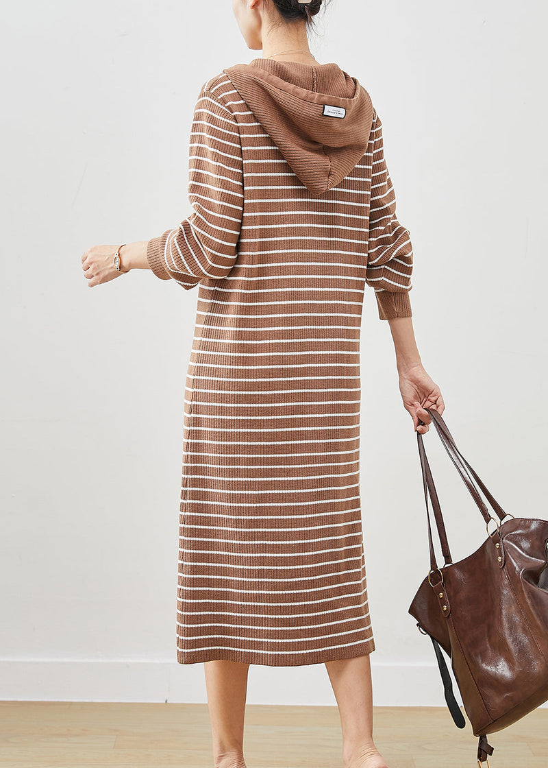 Khaki Hooded Striped Knit Sweatshirts Dress Winter