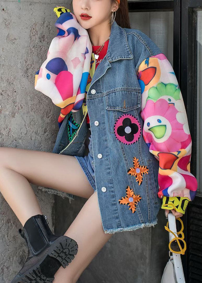 Fine Blue Peterpan Collar Print Patchwork Button Fall Coat Long Sleeve