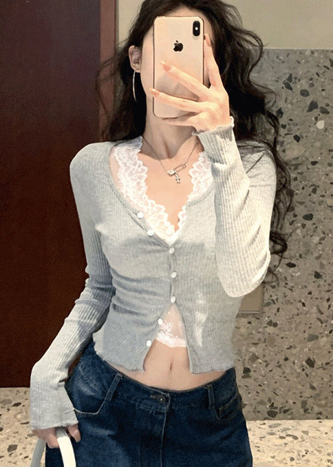 Grey Silm Fit Knit Cardigan and Lace Tops Two Pieces Set Spring