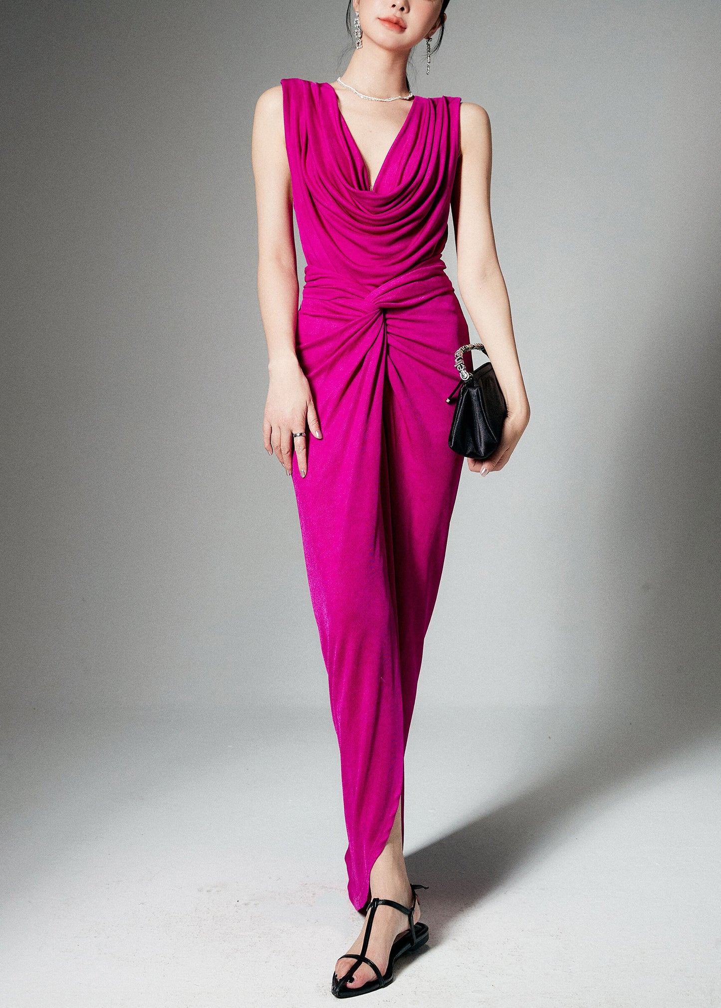 Stylish Rose Wrinkled Front Open Tops and Skirts Silk Two Pieces Set Sleeveless