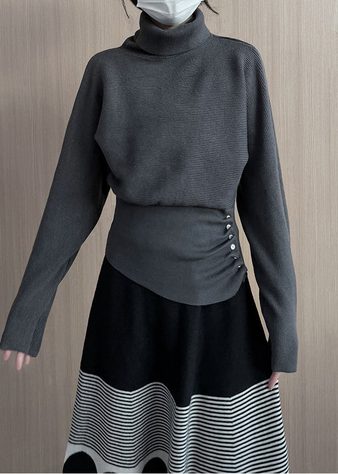 Grey Turtle Neck Asymmetrical Design Knit Pullover Winter