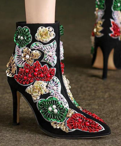 Black Embroidered Nail Bead Short Boots Stiletto Sheepskin