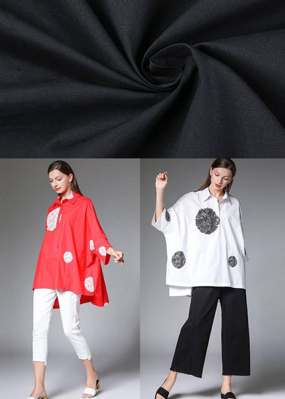 Classy Red Bat Wing Sleeve Dot Low High Design Fall Cotton Shirt Tops