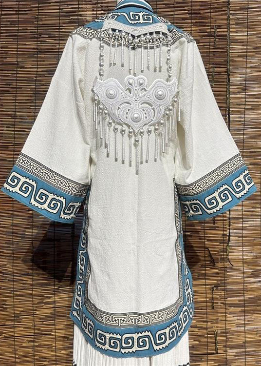New White Embroidered Wrinkled Patchwork Tops and Skirts Linen Two Pieces Set Fall