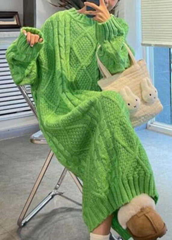 Green O-neck Cozy Cable Cotton Knit Sweaters Dress Fall