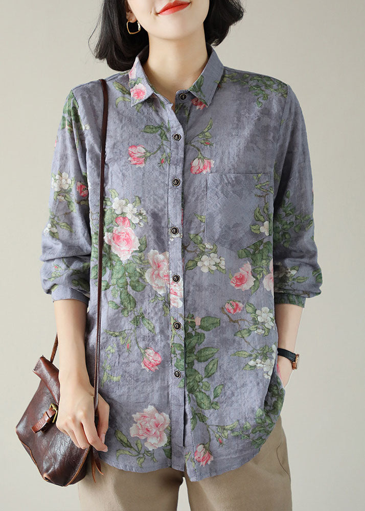 Diy Purple Peter Pan Collar Pockets Button Print Fall Blouses Long Sleeve