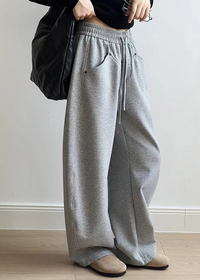 Grey Pockets Drawstring Elastic Waist Cotton Pants Spring
