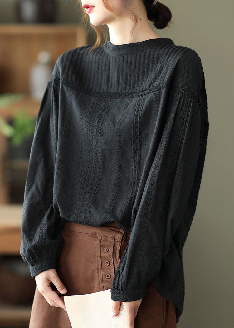 Black Hollow Out Wrinkled Cotton Shirt Top Spring