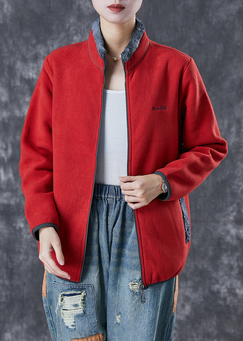 Simple Red Embroideried Warm Fleece Coat Winter