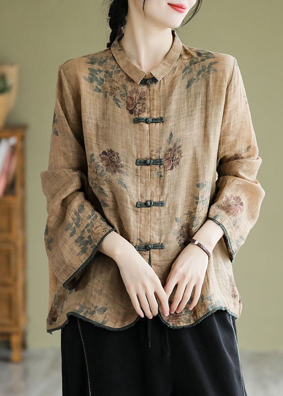 Coffee Peter Pan Collar Print Button Shirt Fall