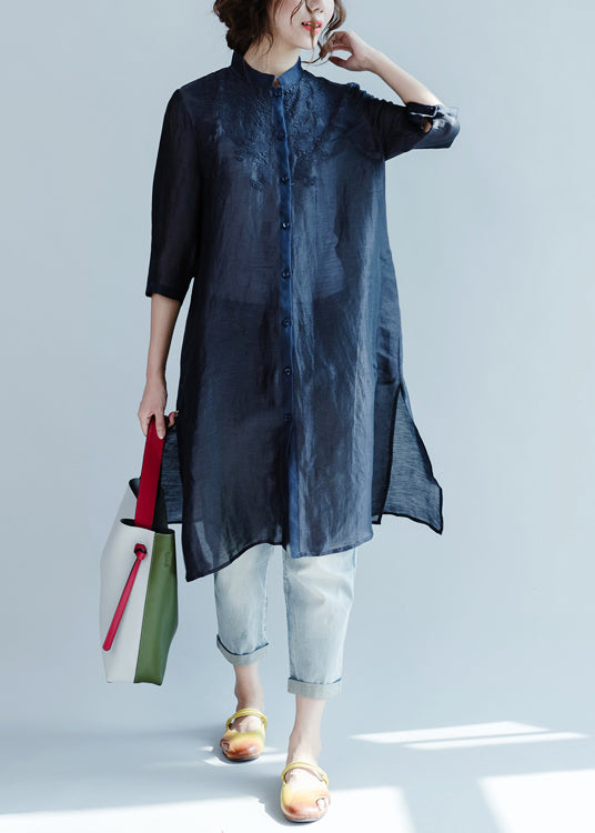 Navy Embroideried Button Blouses Three Quarter Sleeve