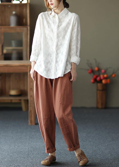 White Embroidery Shirts Lapel White Button Loose Spring Blouse