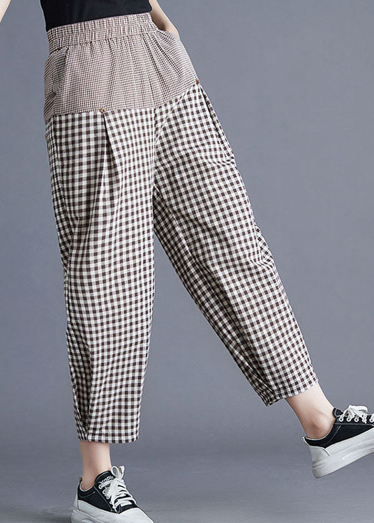 Khaki Plaid Elastic Waist Patchwork Linen Harem Pants Summer