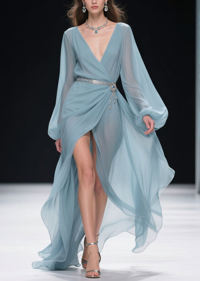 Blue V Neck Wrinkled Side Open Long Dresses Lantern Sleeve