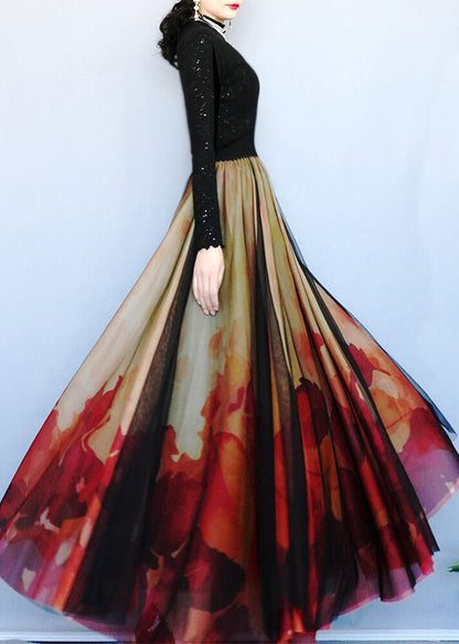 Red Print Exra Large Hem Tulle Skirts Spring