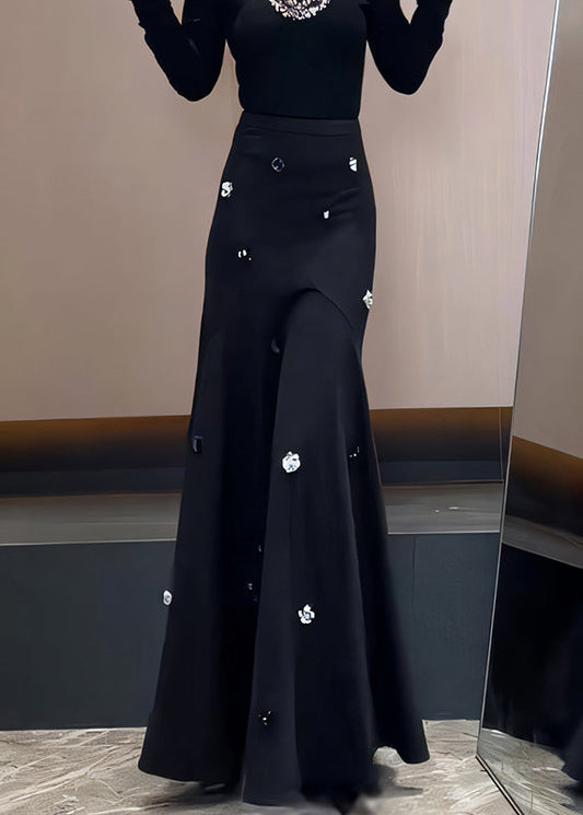 French Black Sequins High Waist Cotton Skirt Spring