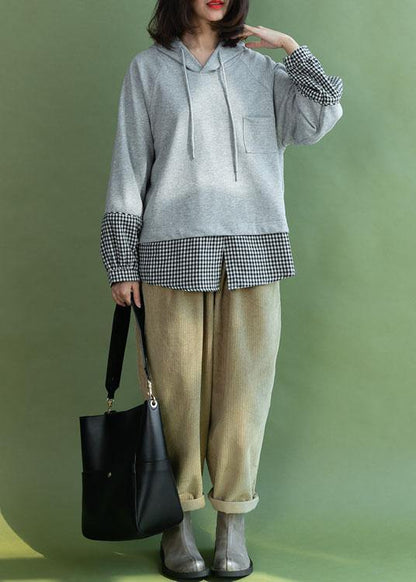 Grey Patchwork Plaid Hooded Fall Loose Loose Sweatshirt