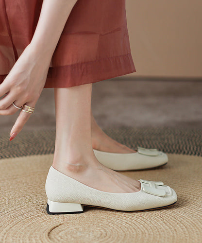 Beige Comfy Cowhide Leather Splicing Flat Shoes