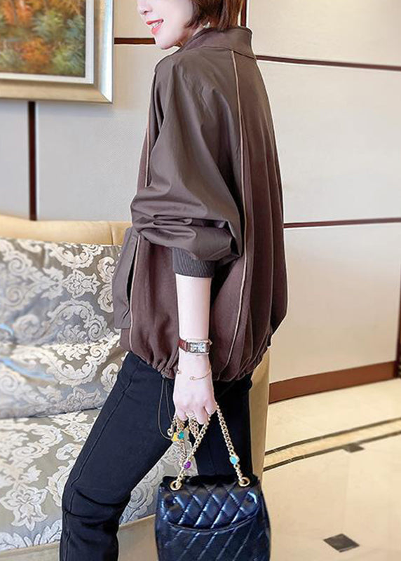 Chocolate Stand Collar Patchwork Zippered Sweatshirts Long Sleeve