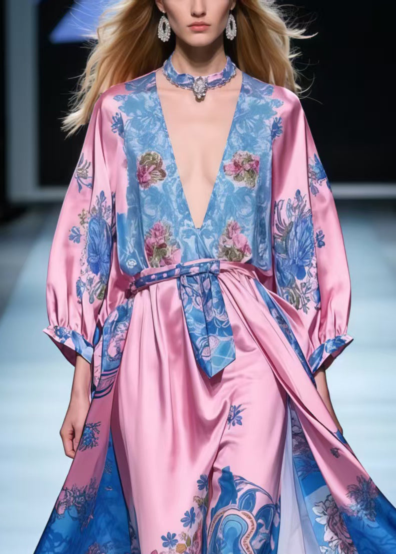 Rose V Neck Print Silk Maxi Dresses Spring