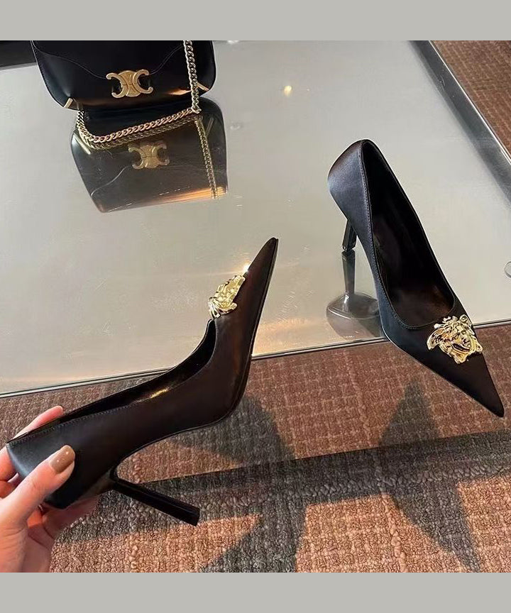 French Black Faux Leather Splicing High Heels Pointed Toe