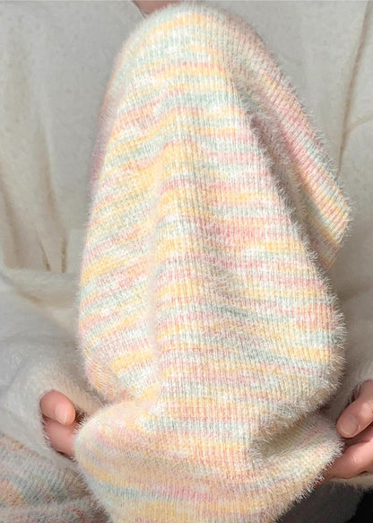 Rainbow Print Elastic Waist Warm Fleece Straight Pants Winter