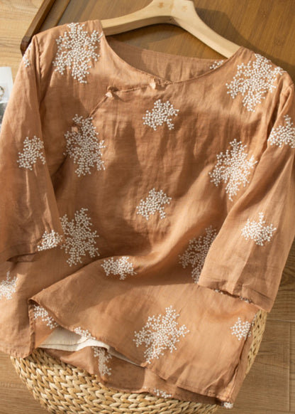 Beige O-neck Embroidered Linen Shirt Top Summer