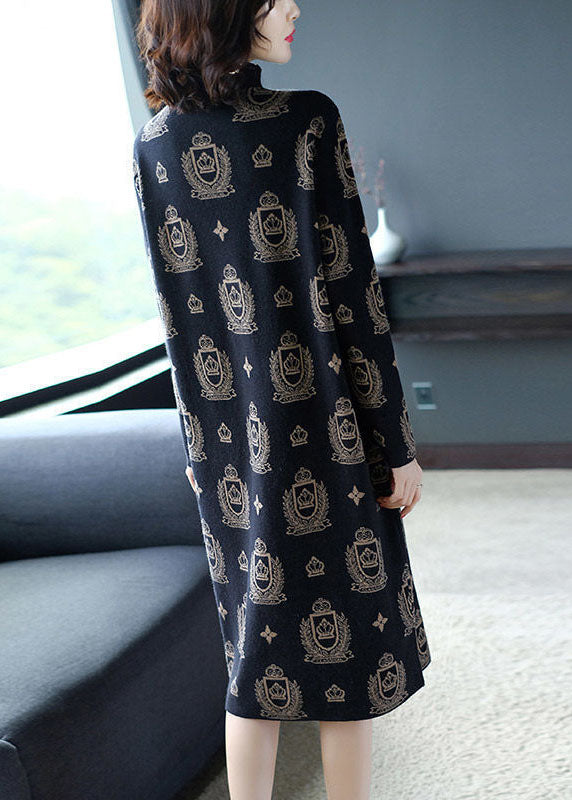 Black High Neck Print Pockets Knit Sweater Dress Long Sleeve
