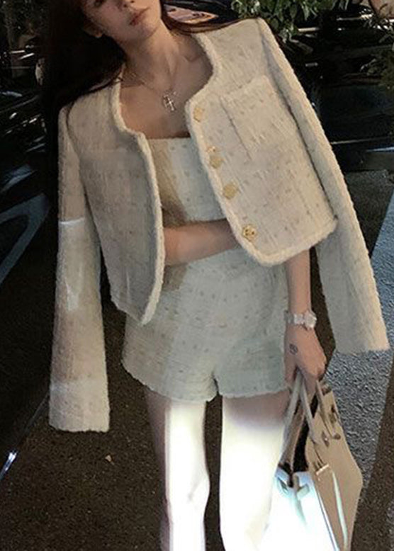 Art Apricot O-neck Print Coats and Jumpsuit Two Pieces Set Spring