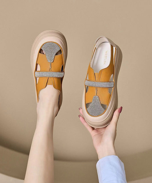 Zircon Splicing Hollow Out Platform Walking Sandals Yellow