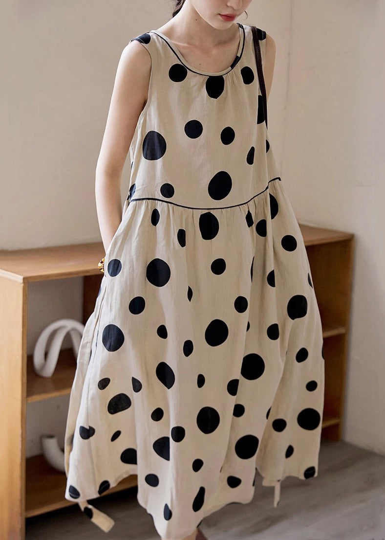 Khaki Dot Pockets Tie Waist Cotton Long Dress Sleeveless Summer