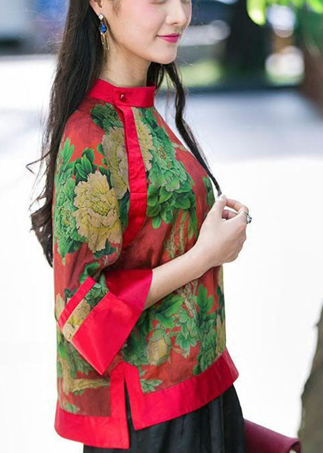 Red Button Stand Collar Print Silk Tops Half Sleeve