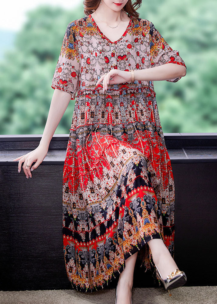 Red V Neck Print Draping Chiffon Long Dresses Short Sleeve Summer