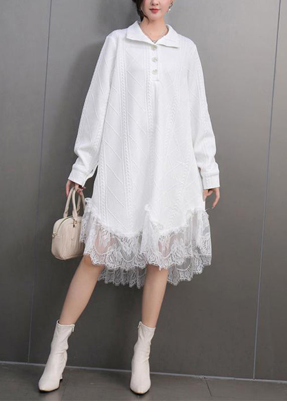 White Peter Pan Collar Lace Patchwork Long Dresses Spring