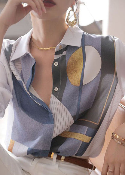 White Print Button Patchwork Silk Shirt Tops Spring