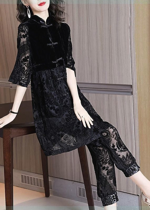 Chinese Style Black Stand Collar Asymmetrical Lace Dress and Crop Pants Two Piece Set Fall