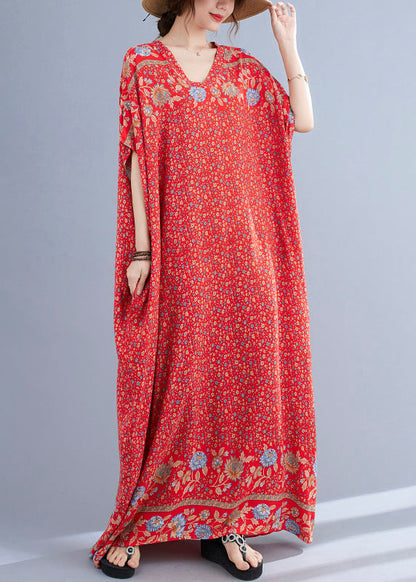 Red V Neck Print Cotton Holiday Long Dress Summer