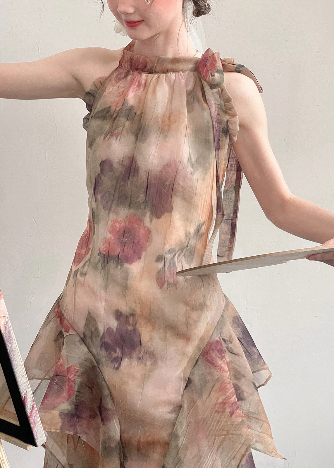 Novelty Print Ruffled Lace Up Cotton Long Dresses Sleeveless Summer