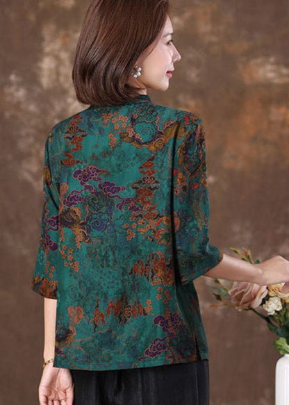 Unique Red Stand Collar Print Slim Silk Shirt Tops Half Sleeve Spring