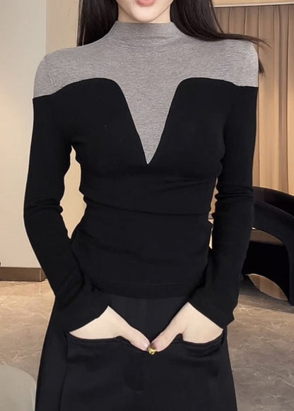 Black Stand Collar Patchwork Cotton Tops Spring