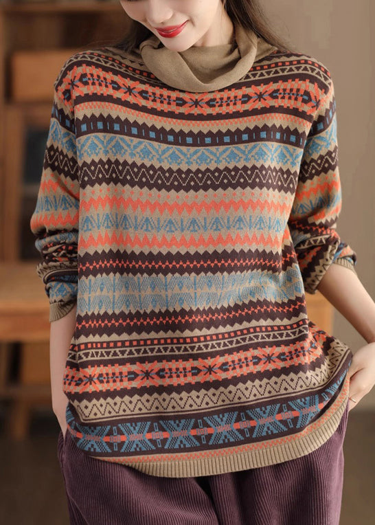 Khaki Turtle Neck Print Knit Sweaters Winter