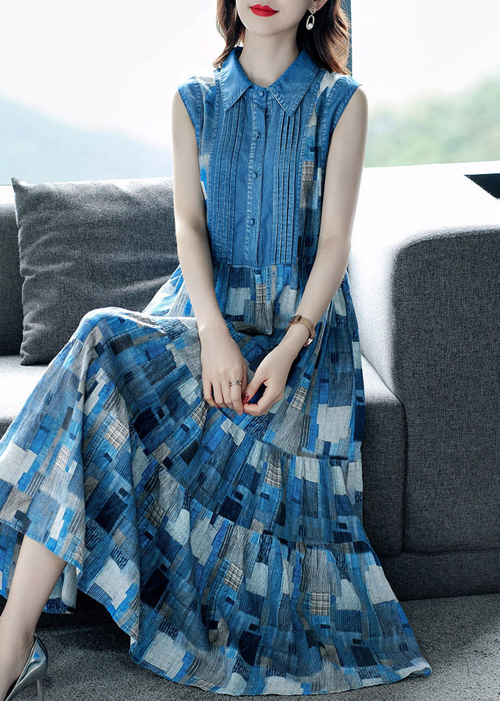 Blue Peter Pan Collar Plaid Wrinkled Maxi Dresses Summer