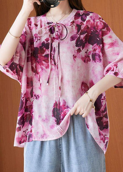 Pink Print Short Sleeve Summer Cotton Shirt Top