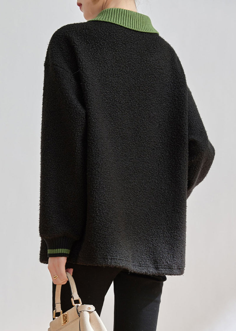 Black Peter Pan Collar Patchwork Teddy Faux Fur Sweatshirts Top Winter