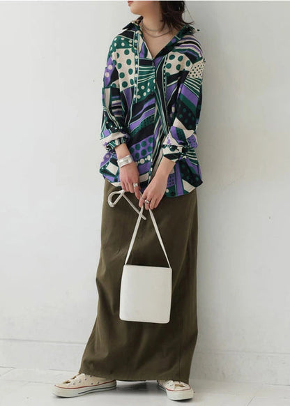 Green Oversized Print Chiffon Shirt Top Fall