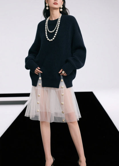 Black O Neck Side Open Knit Pullover Fall