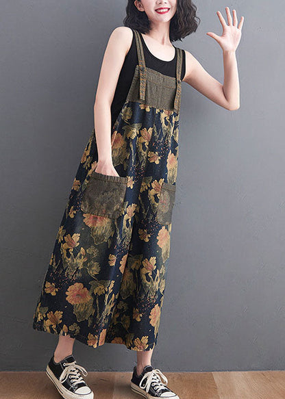 Diy Navy Print Pockets Patchwork Denim Jumpsuits Summer