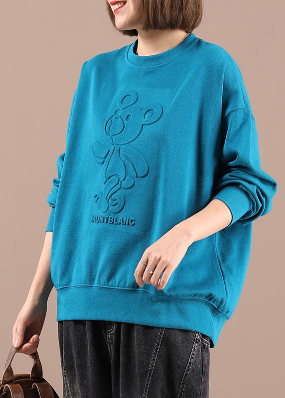Blue O-neck Print Loose Fall Sweatshirts